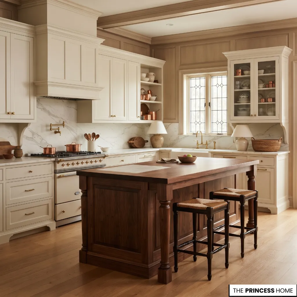 Ralph Lauren-inspired kitchen layering warm wood, natural stone, aged brass, and restrained tile.