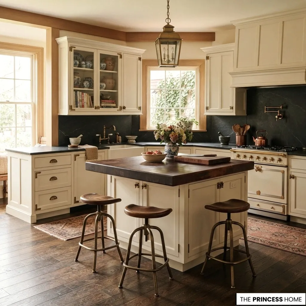 Traditional Ralph Lauren-inspired kitchen combining warm wood, cream cabinetry, natural stone, and collected objects.