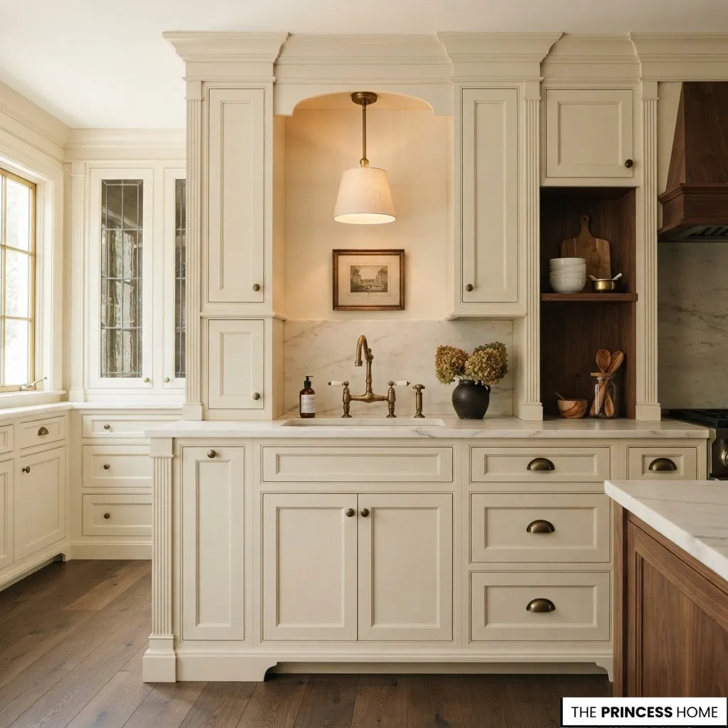 Cream kitchen cabinetry with tailored aged brass hardware coordinated with the faucet and lighting.