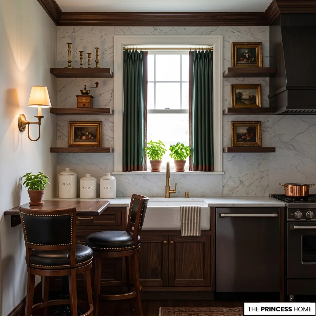 Luxury Ralph Lauren style kitchen featuring rich walnut cabinets, a white marble backsplash with floating shelves, a farmhouse sink