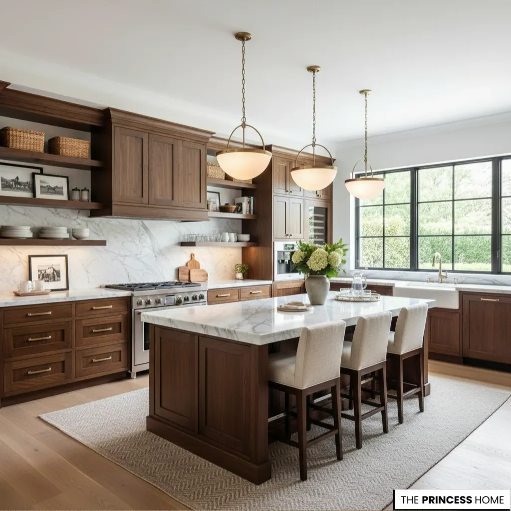 Luxury kitchen with walnut cabinets, marble island countertops, brass pendant lights, and fabric counter stools.