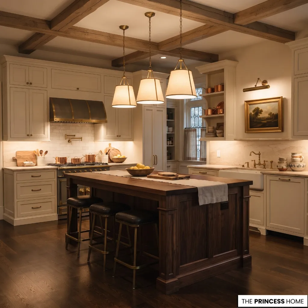 Ralph Lauren-inspired kitchen with warm pendant lighting, task illumination, and softly lit cabinetry.