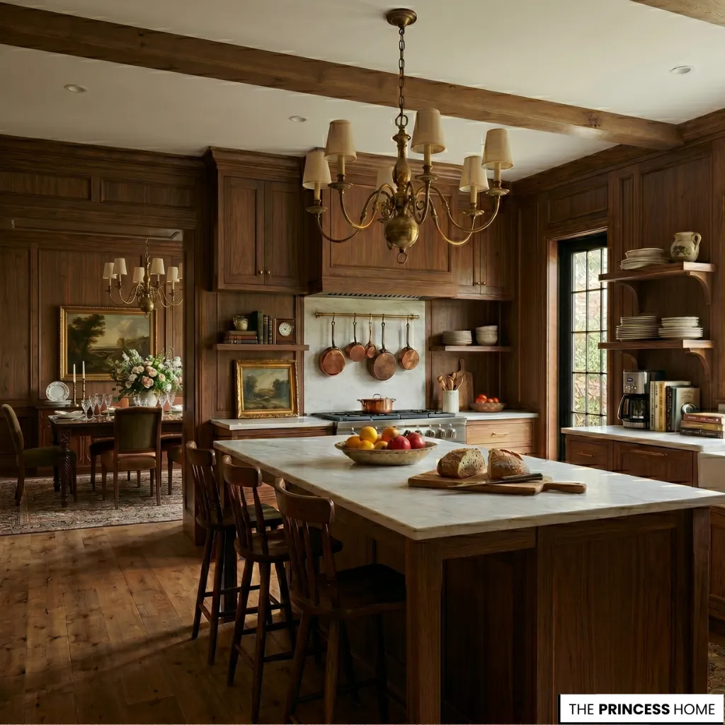 English country kitchen with dark wood paneling, marble island, brass chandelier, and hanging copper pots.