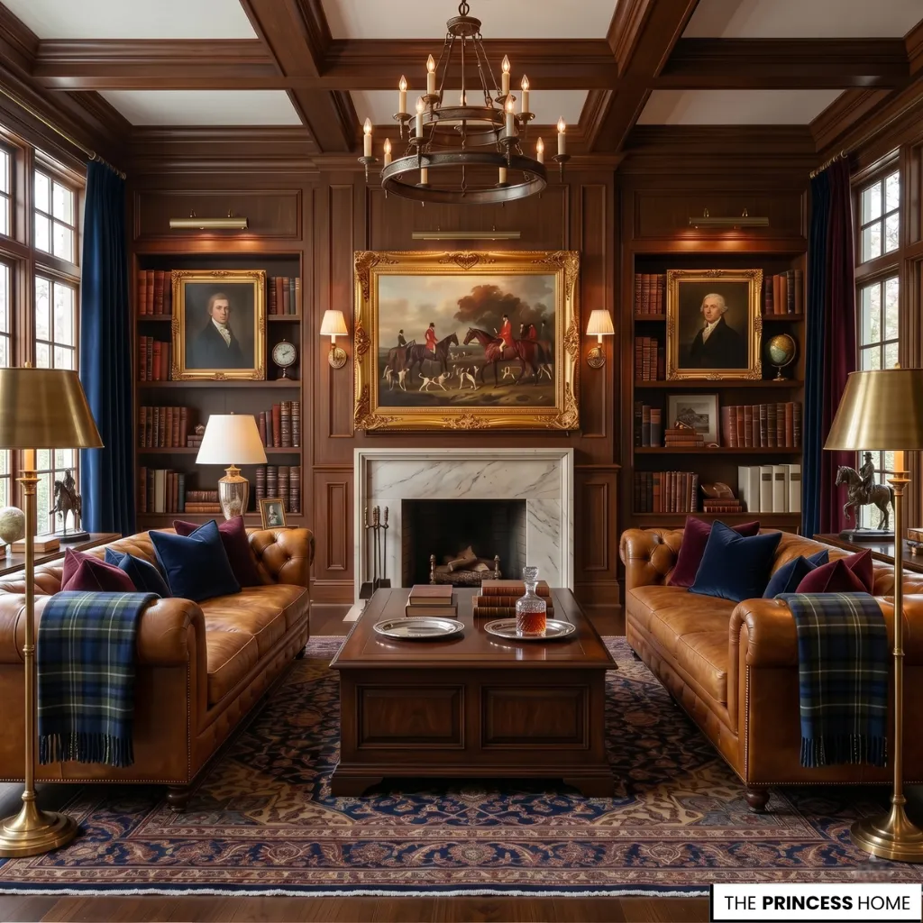 A Ralph Lauren inspired living room in a large luxury home with layered seating, rich textures, and cinematic lighting design