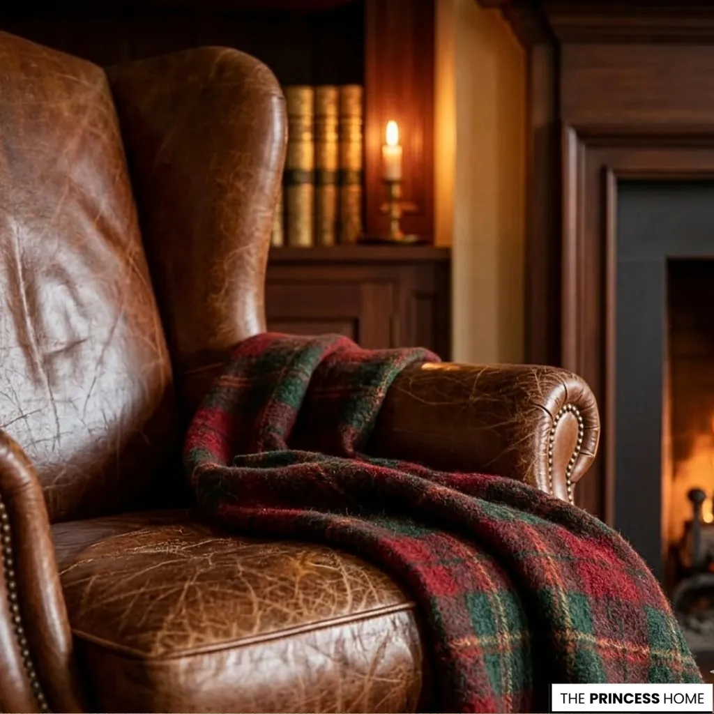 Close-up of a vintage brown leather wingback chair with a red and green tartan plaid throw blanket next to a roaring fireplace.