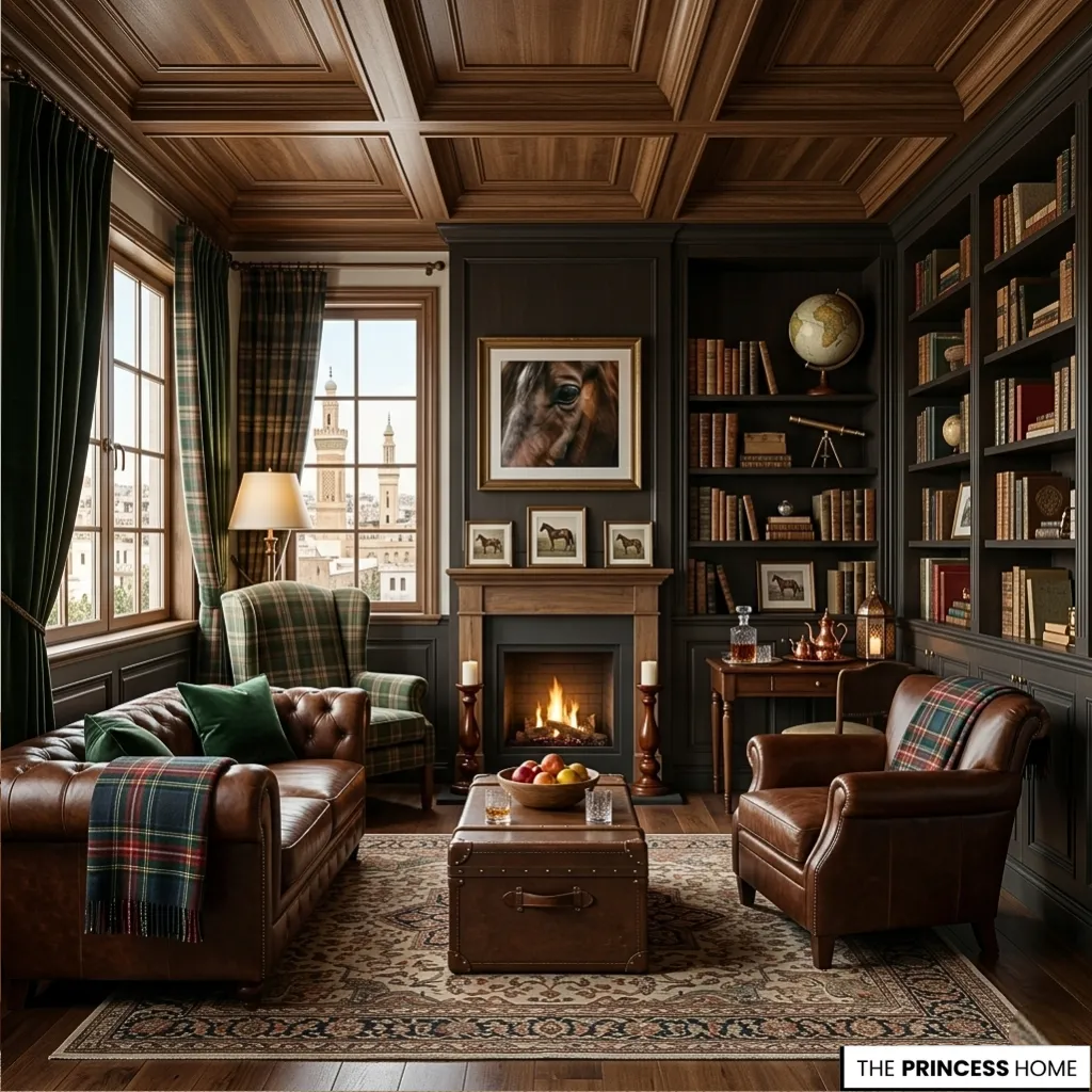 Moody Ralph Lauren style library living room featuring a classic coffered wood ceiling, built-in bookshelves, a brown leather Chesterfield sofa