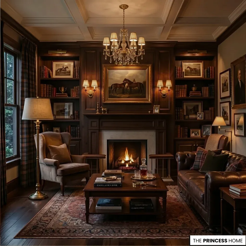Moody Ralph Lauren style library living room with custom dark wood bookshelves, a classic fireplace, a leather Chesterfield sofa, a crystal chandelier,