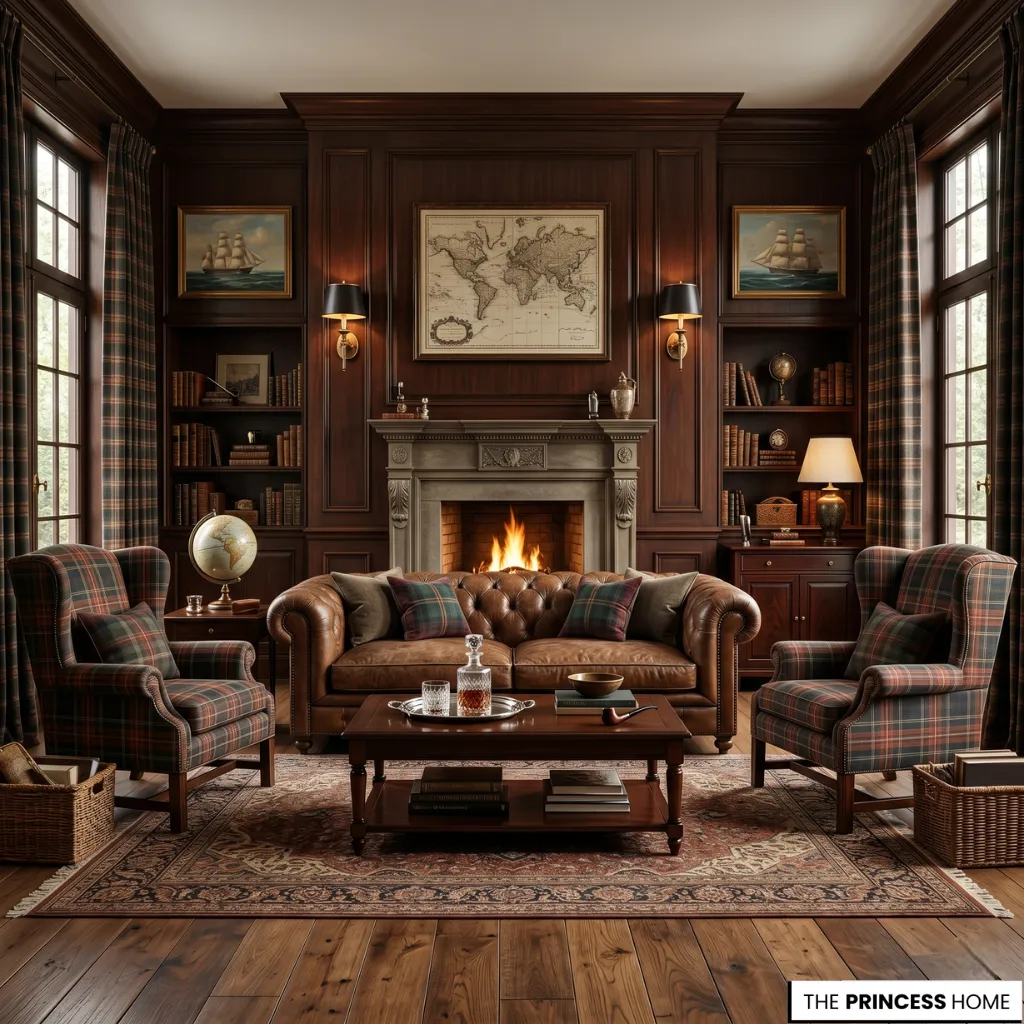 Ralph Lauren library with dark wood paneling, a brown leather chesterfield sofa, plaid wingback chairs, and a cozy fireplace