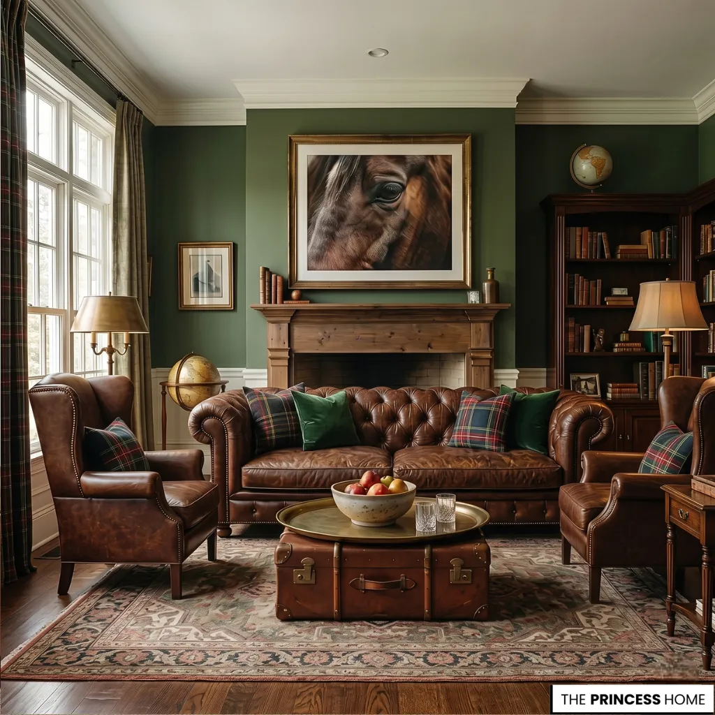 Bright Ralph Lauren style living room with sage green walls, a brown leather Chesterfield sofa, matching wingback chairs