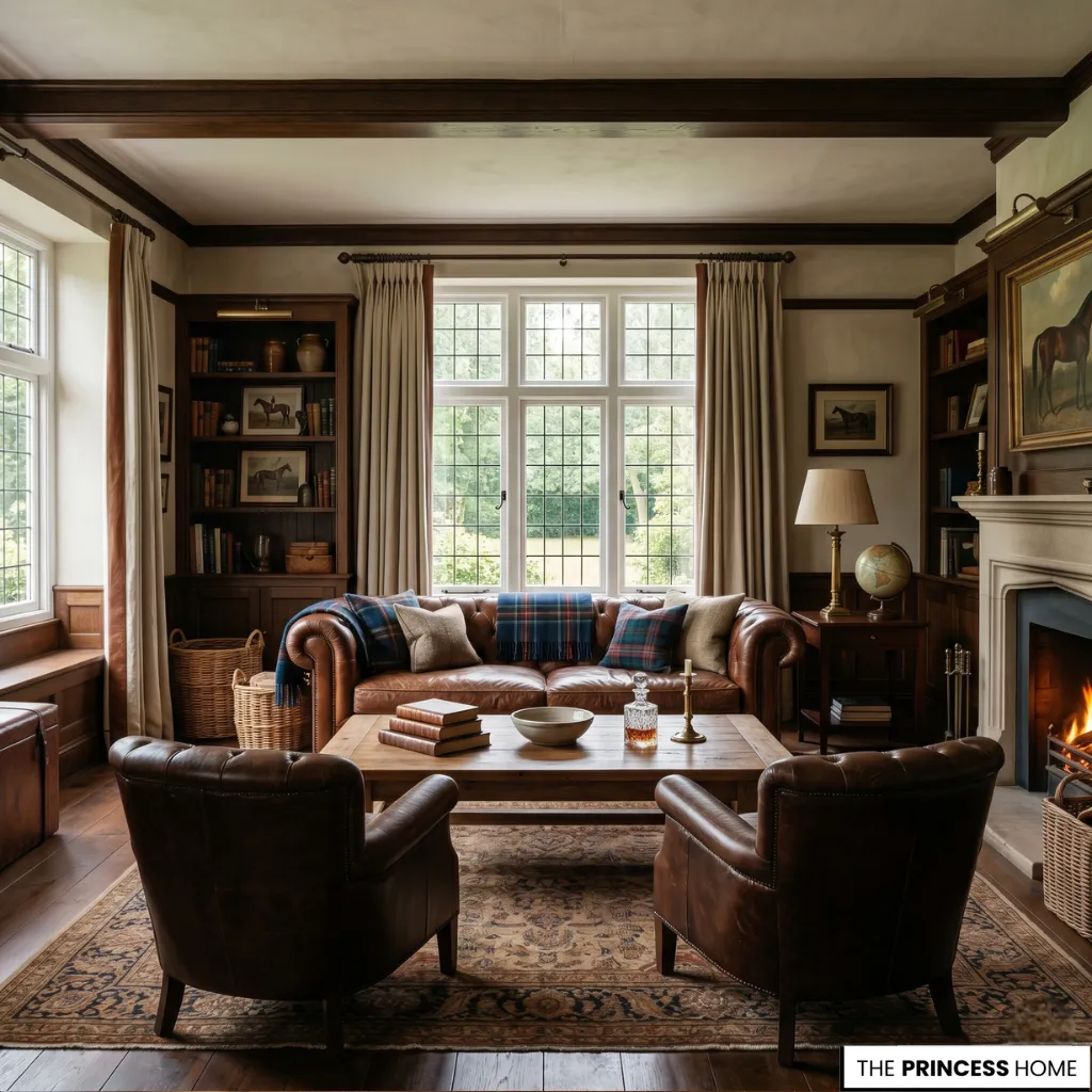Ralph Lauren living room with a brown leather chesterfield sofa, two leather club chairs, a fireplace, and built-in bookshelves.