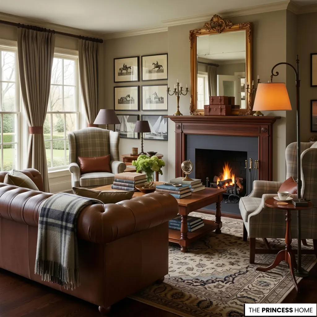 Ralph Lauren living room with a brown leather sofa, gold ornate mirror, plaid armchairs, and a fireplace corner.