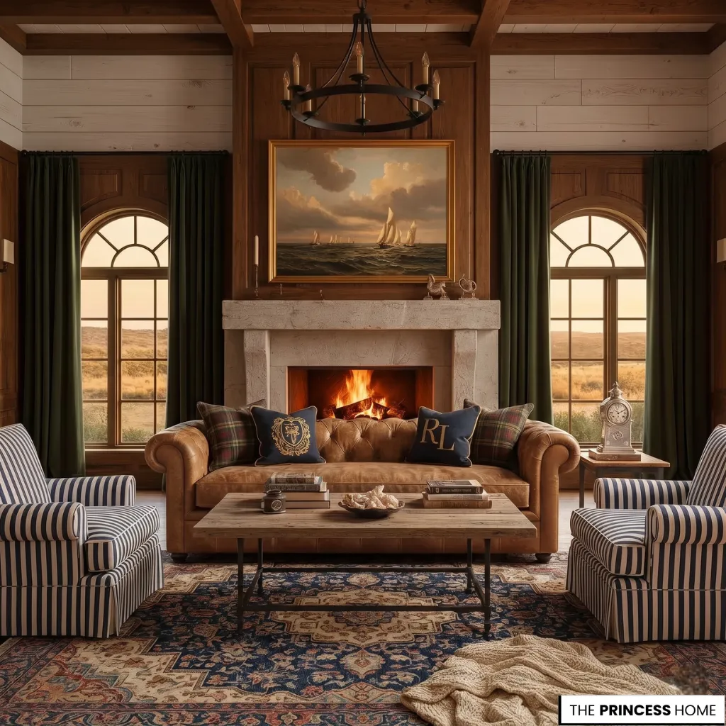 Ralph Lauren living room with a tan leather sofa, blue striped armchairs, green curtains, and a stone fireplace.