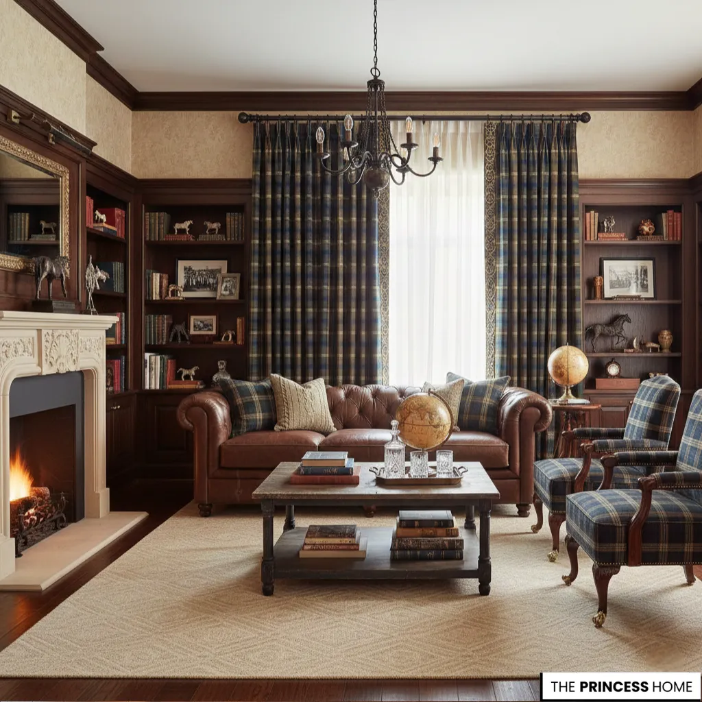 Ralph Lauren living room featuring plaid curtains, a brown leather sofa, plaid armchairs, and a warm fireplace.