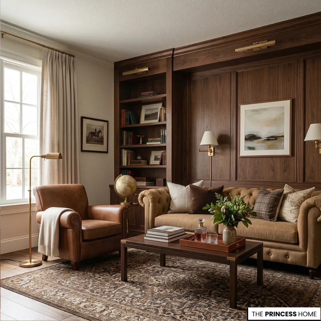 Sophisticated Ralph Lauren style living room with rich walnut wall paneling, a tufted Chesterfield sofa, a leather armchair
