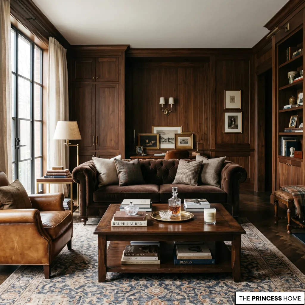 Ralph Lauren living room with dark wood paneling, a brown tufted sofa, leather armchair, and an oriental rug.