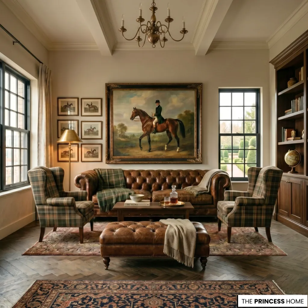 A Ralph Lauren inspired living room showing a balanced styling formula with leather, wood, and layered neutral textures