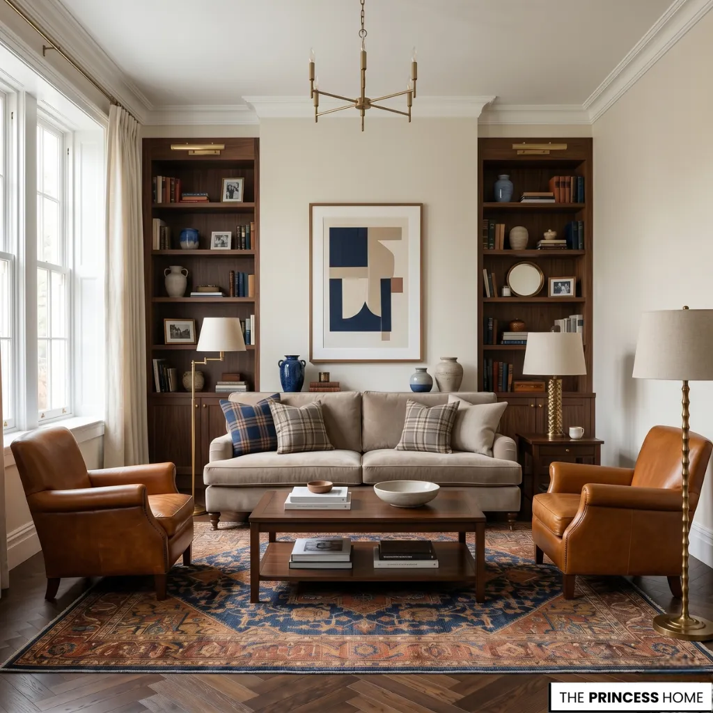 A Ralph Lauren inspired living room in a modern apartment with layered textures, wood and leather accents, and soft natural lighting