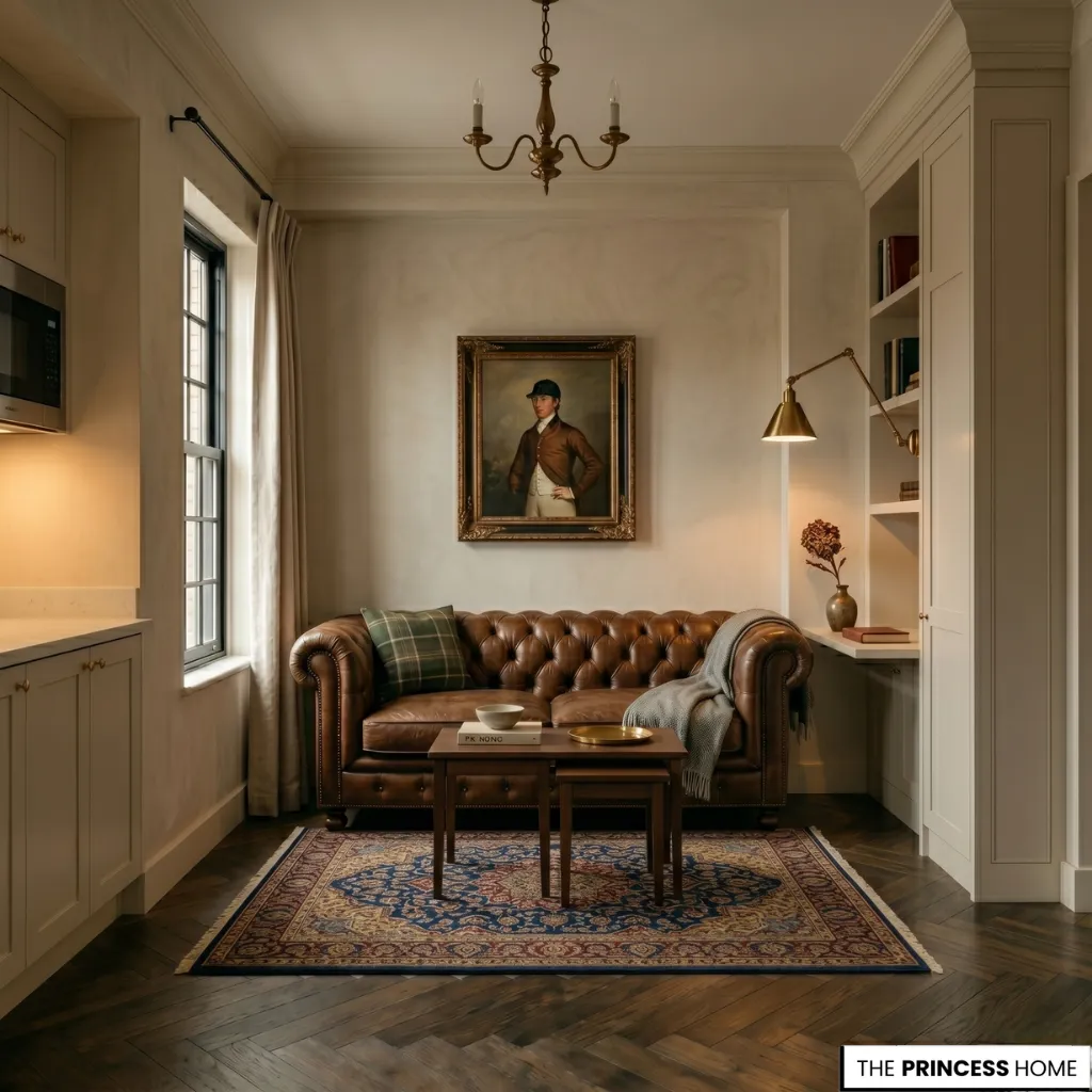 A Ralph Lauren inspired living room in a small apartment with a leather Chesterfield sofa, warm lighting, and minimalist luxury styling