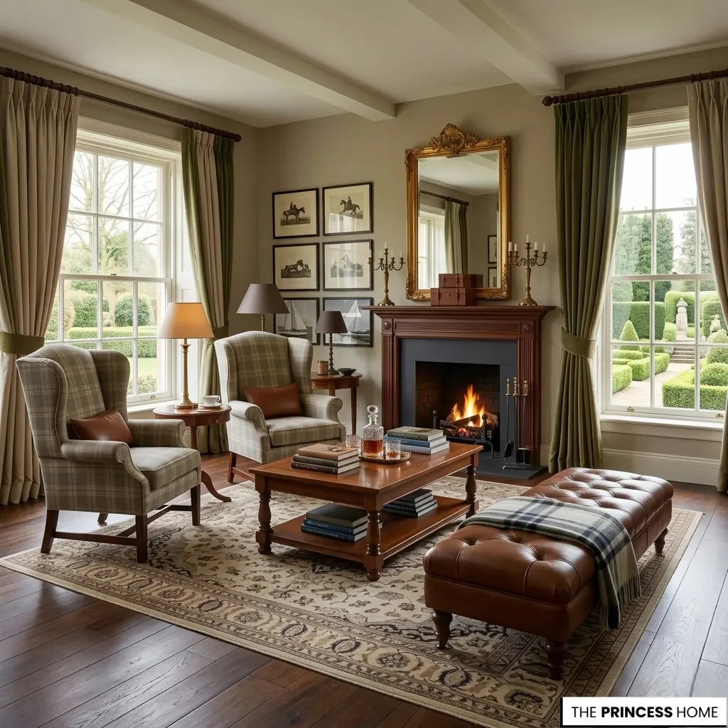 A Ralph Lauren inspired living room showcasing timeless luxury with warm lighting, leather furniture, and heritage textures