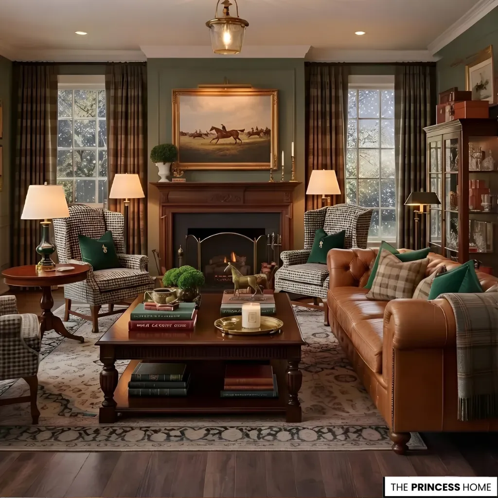 A Ralph Lauren inspired living room showing layered textures, wood, leather, and warm tones
