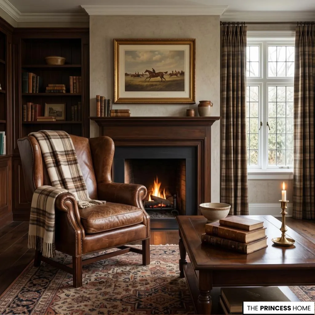 A timeless luxury living room mood with leather armchair and soft natural lighting