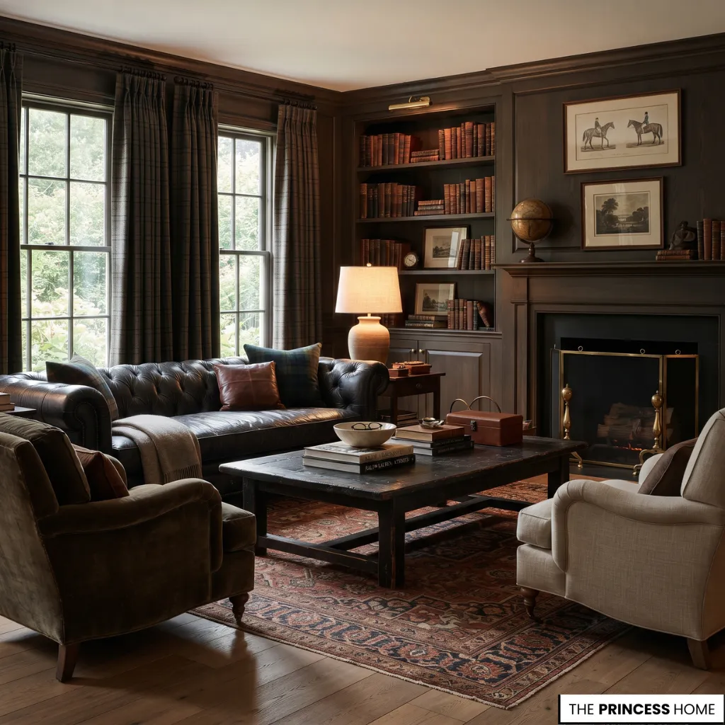 Lived-in finished heritage living room with balanced hierarchy and comfort.