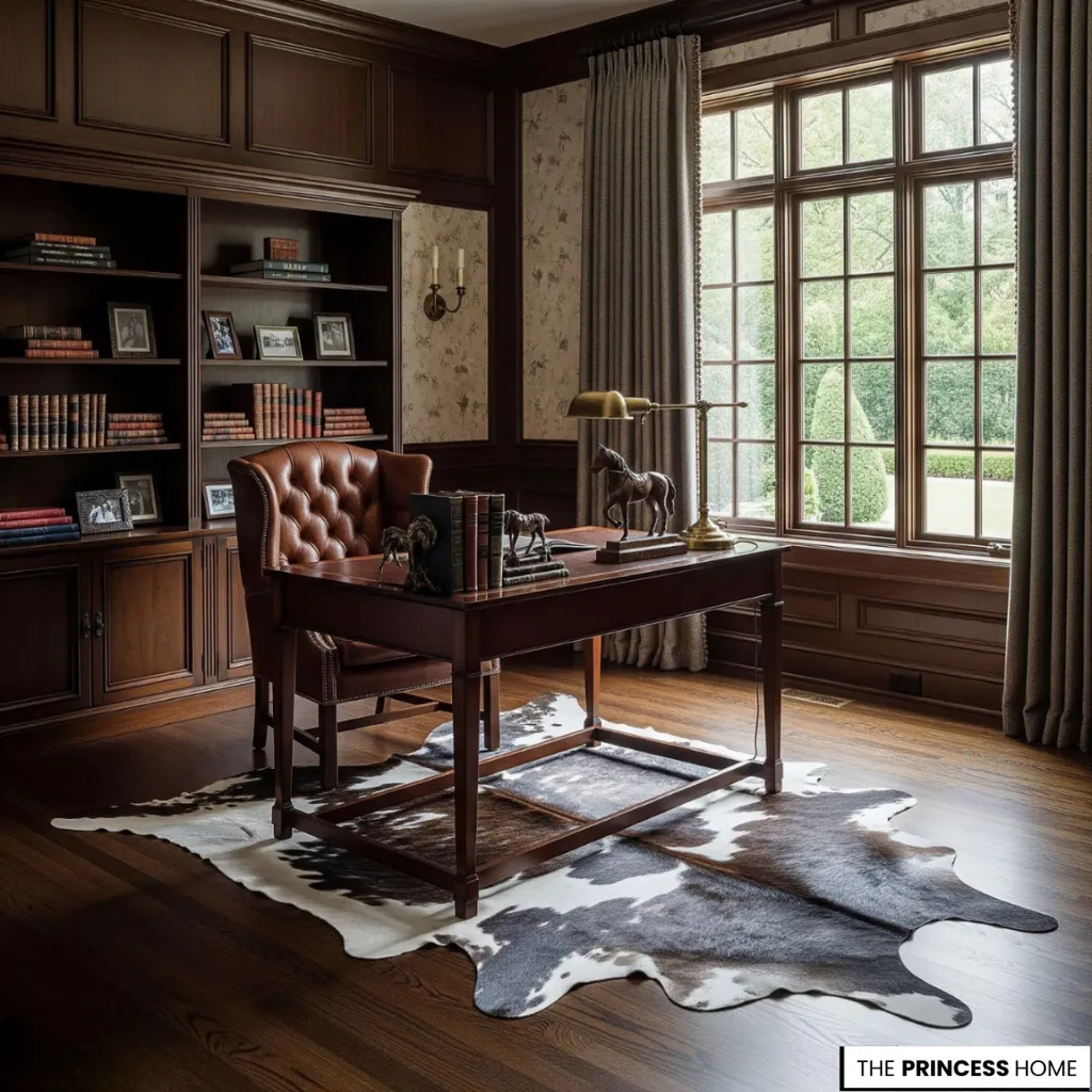 Ralph Lauren style office with dark wood paneling, tufted leather chair, wooden desk, large window, and cowhide rug.