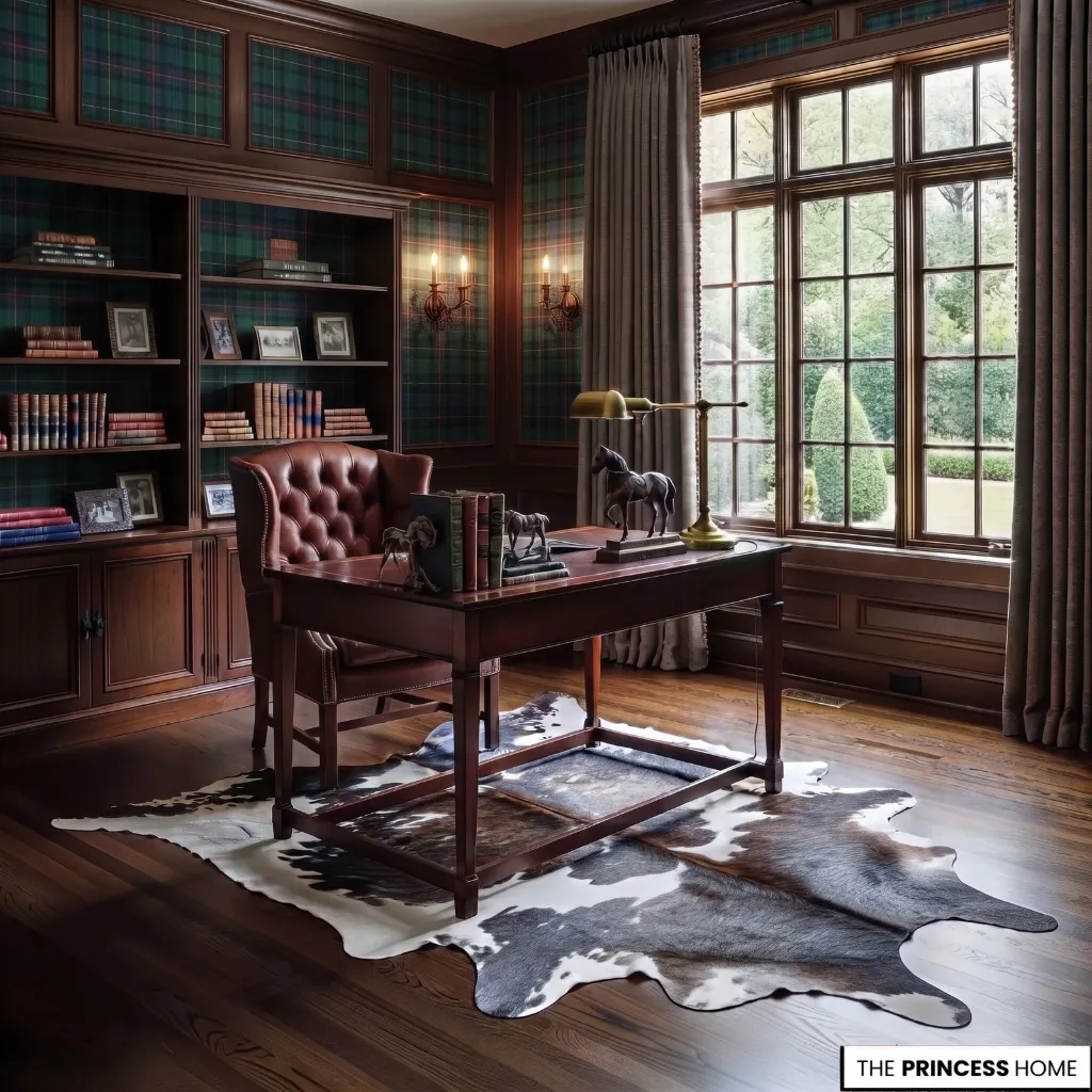 Ralph Lauren Home Office
An elegant, masculine room defined by dark wood paneling with a green tartan wallpaper