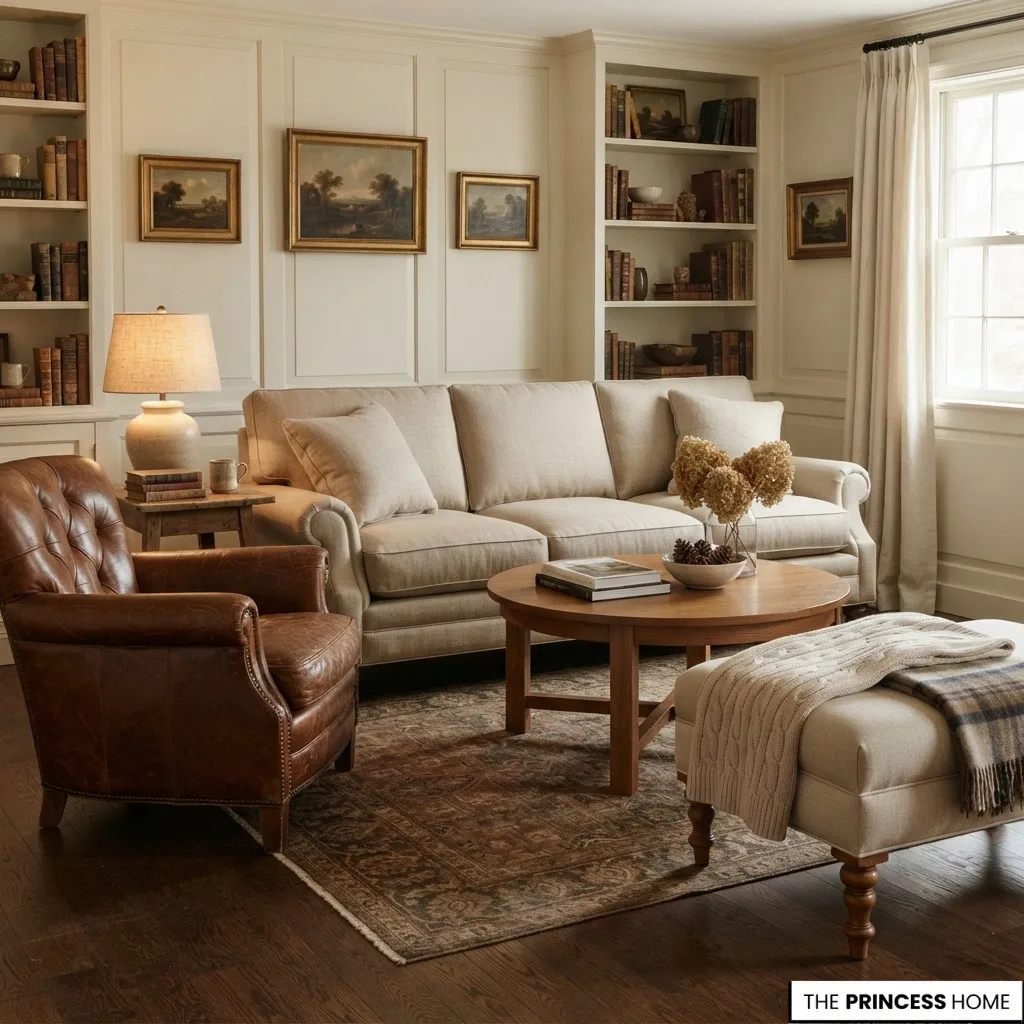 Classic living room furniture with substantial proportions and natural-looking materials