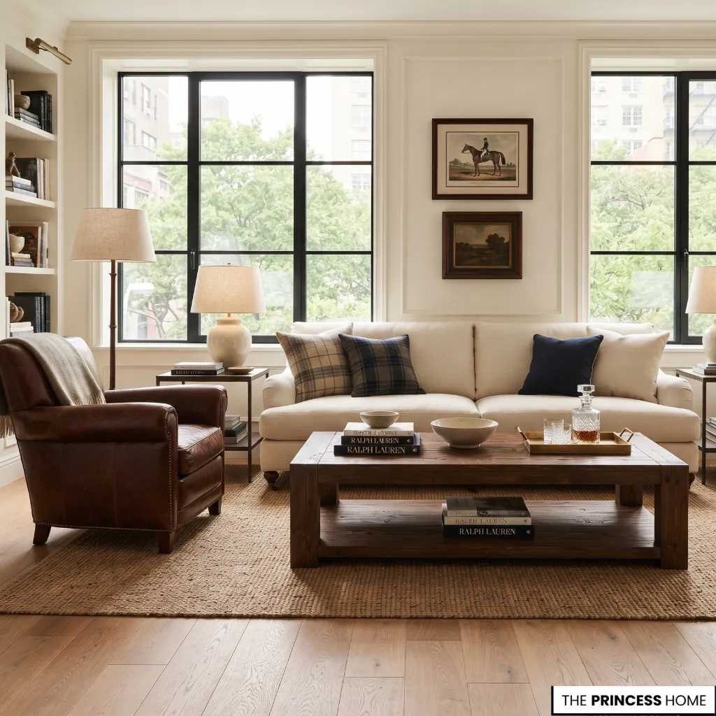 Ralph Lauren apartment interior using existing wood floors, windows, and natural light as design elements