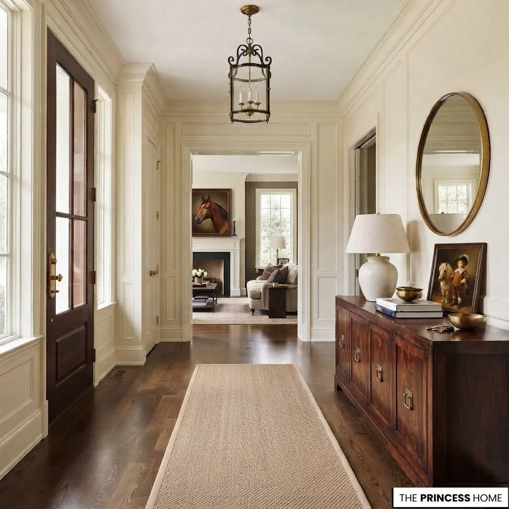 Entryway showing proportional furniture, available wall space, natural light, and clear walking circulation.