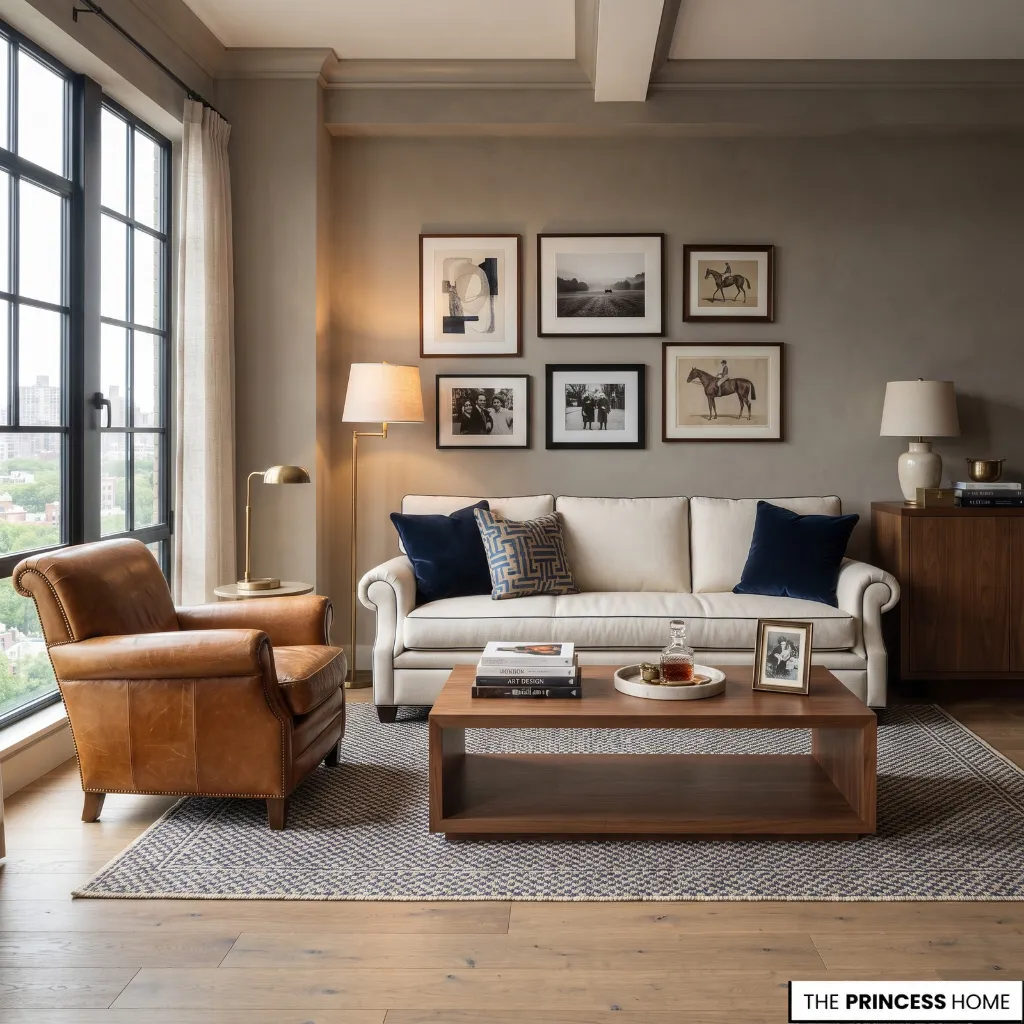 Balanced Ralph Lauren apartment avoiding excessive dark wood, matching furniture, and heavy pattern