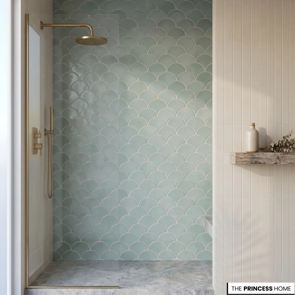 Coastal bathroom with seafoam fish scale tiles, a walk-in shower, and brushed brass fixtures.