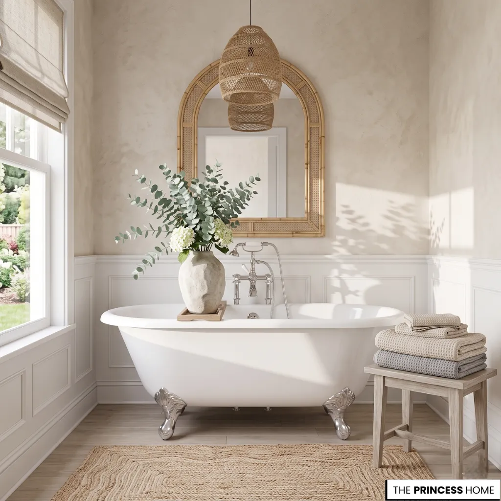 Coastal bathroom with a freestanding clawfoot tub, rattan mirror, and soft neutral decor.