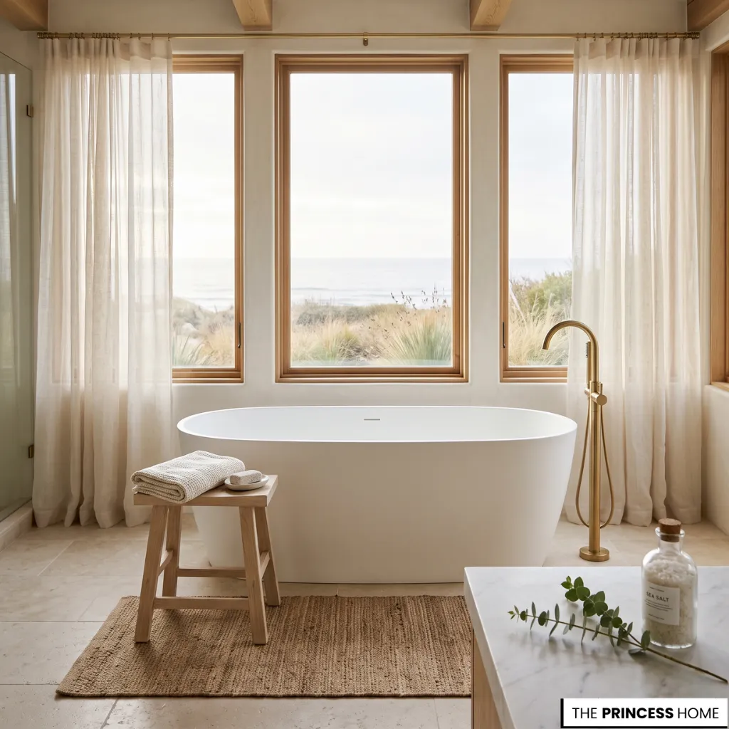 Coastal bathroom with a freestanding tub, ocean view, linen curtains, and warm wood accents.