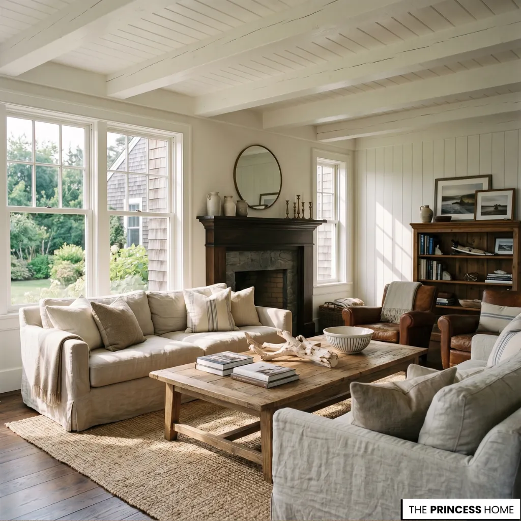 Bright coastal cottage living room with beige linen sofas, a wooden coffee table, dark fireplace mantel, and shiplap walls.