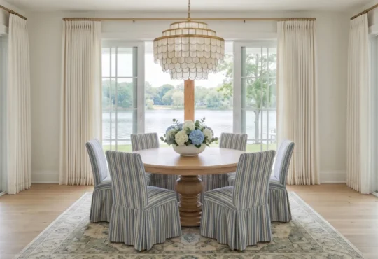 Coastal Hampton dining room with a round pedestal table, blue striped chairs, and a capiz chandelier by the lake.