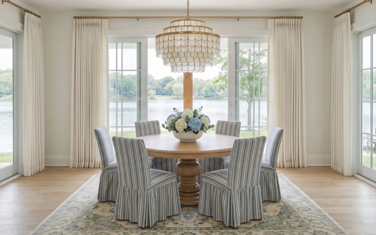 Coastal Hampton dining room with a round pedestal table, blue striped chairs, and a capiz chandelier by the lake.