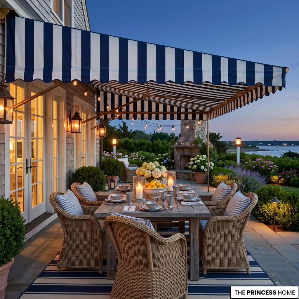 Luxury coastal patio featuring a blue and white striped awning, wicker dining chairs, a wooden table, and ocean views at sunset.