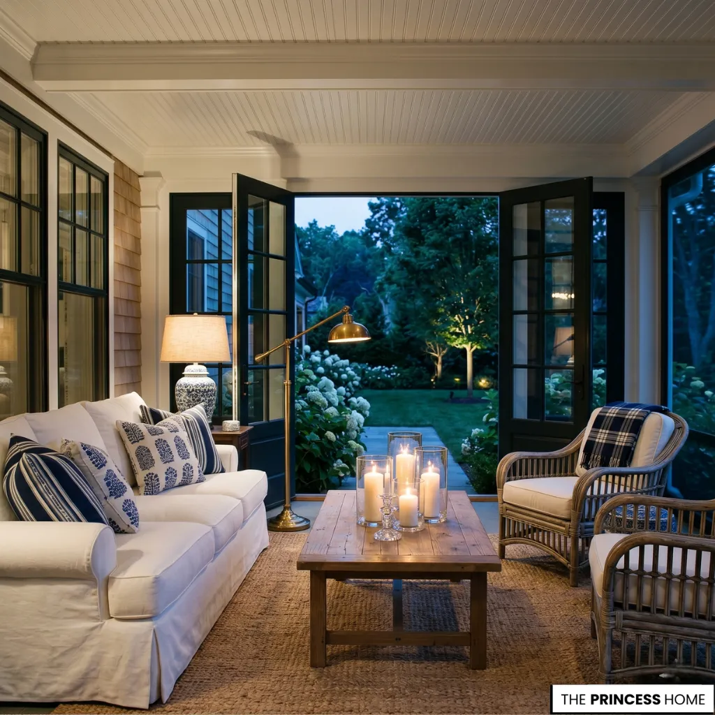 Cozy screened porch with a white sofa, blue patterned pillows, wicker armchairs, and glowing candles looking out to a garden.