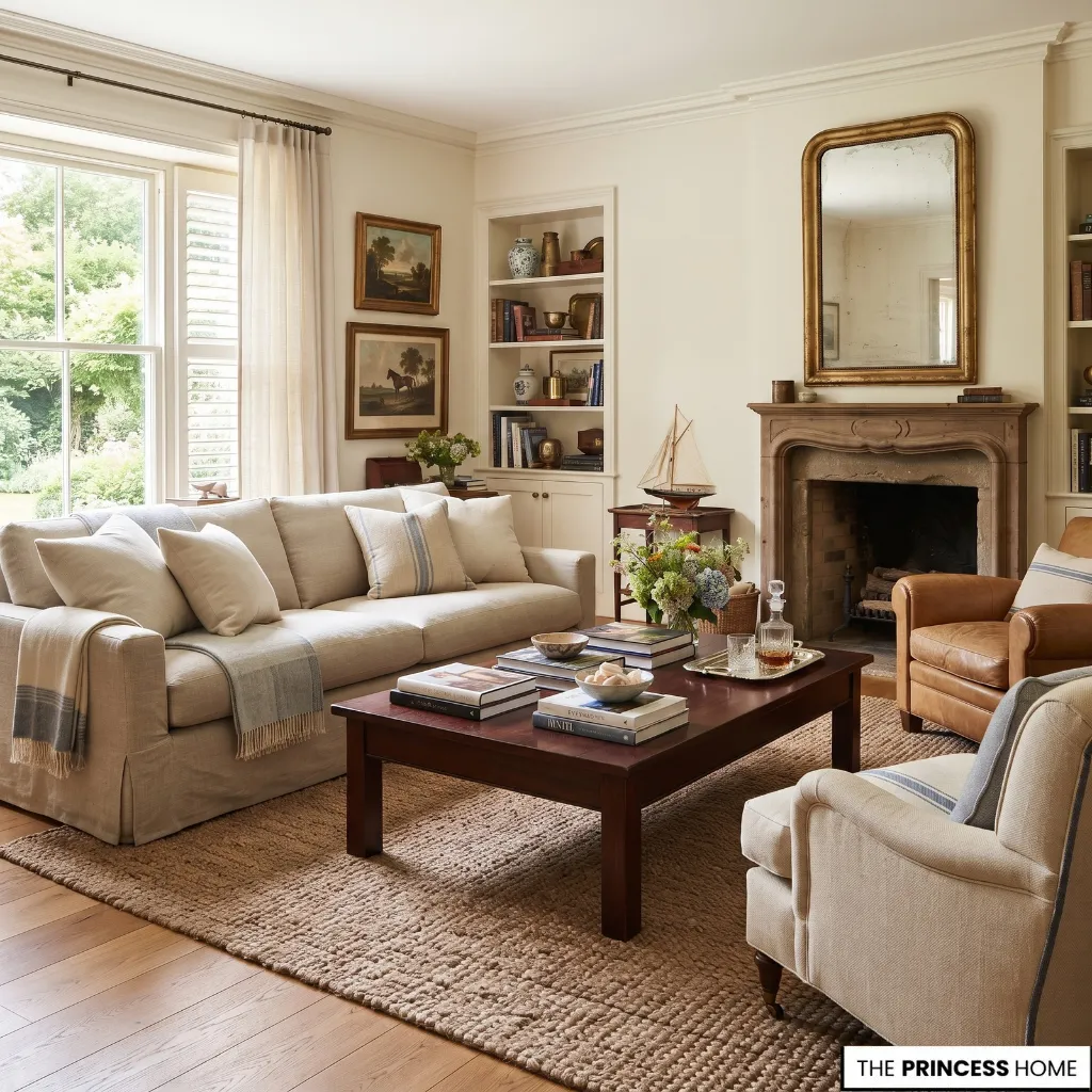 Collected Ralph Lauren summer interior combining traditional furniture with lighter textiles, blue accents, and natural texture.