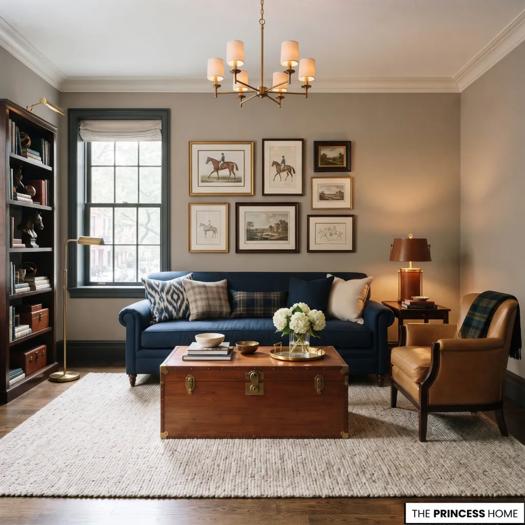 Ralph Lauren apartment with warm neutrals and navy used as a controlled color anchor