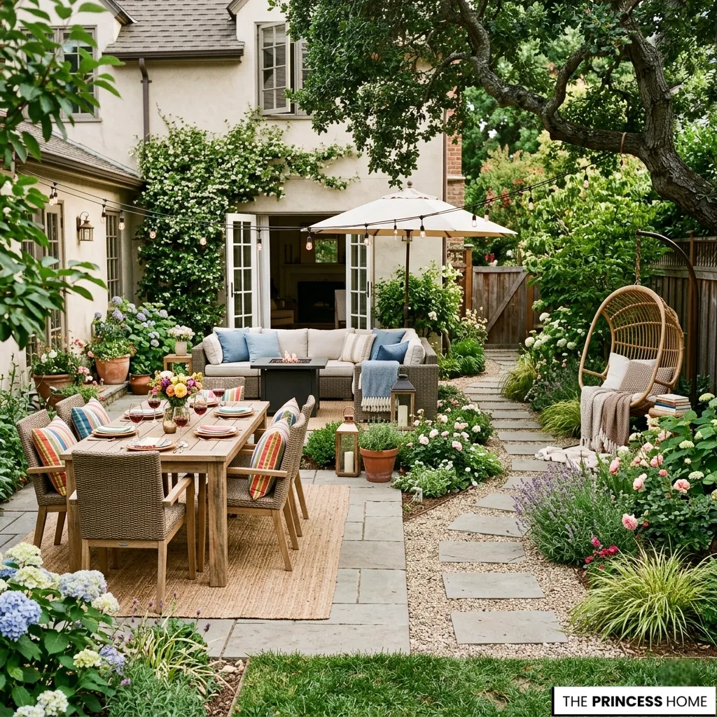 English country backyard with a wooden dining table, wicker sectional, hanging egg chair, stone path, and lush gardens.