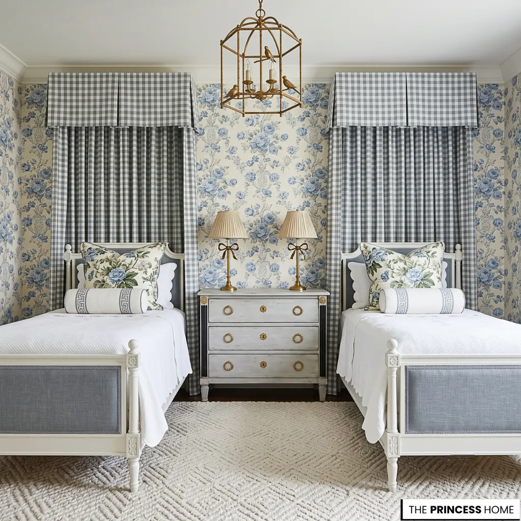 Grandmillennial bedroom with twin beds, blue floral wallpaper, gingham curtains, and a vintage chest.