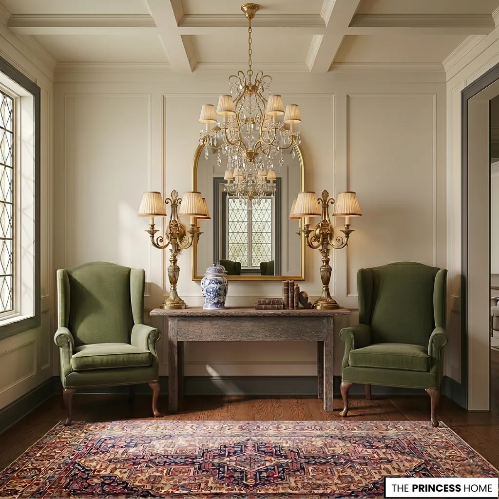 Grandmillennial foyer with green wingback chairs, a crystal chandelier, gold arched mirror, and a vintage Persian rug.