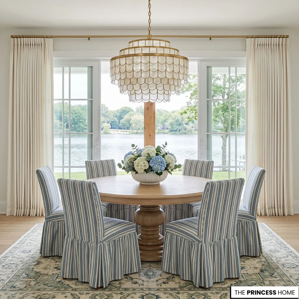 Hampton style dining room with a round oak table, striped chairs, a capiz shell chandelier, and a lake view.