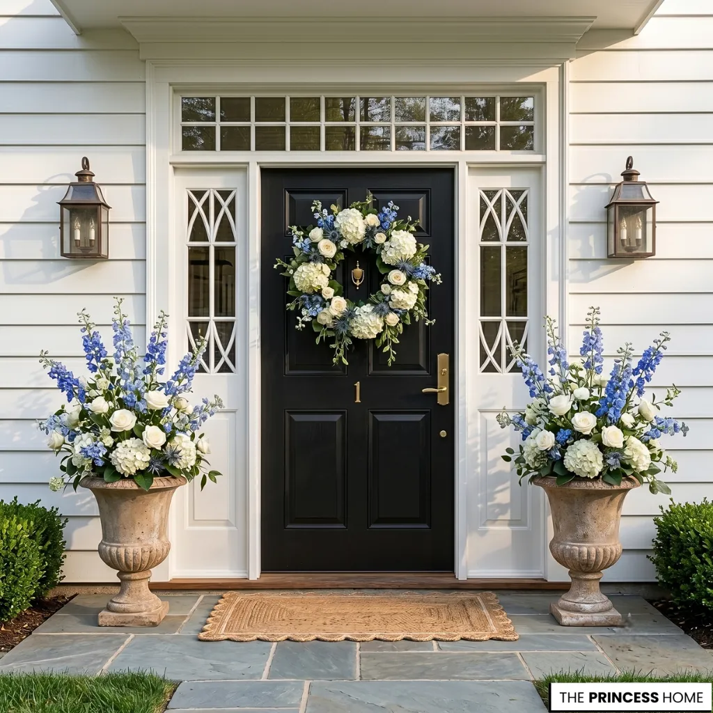 Hampton style home entrance featuring a black door with a floral wreath and blue delphiniums in urns.