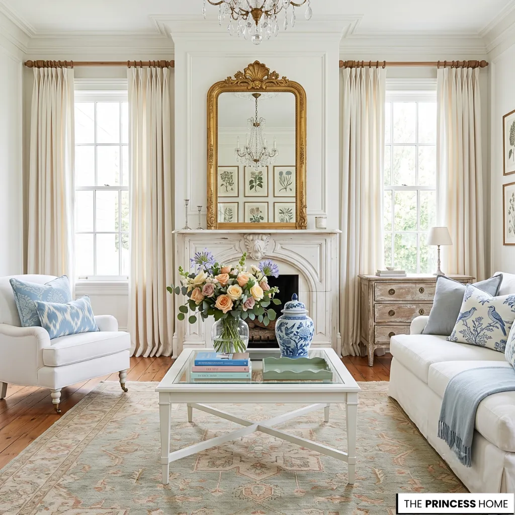 Hampton style living room with a marble fireplace, gold mirror, white sofas, blue pillows, and a floral centerpiece.