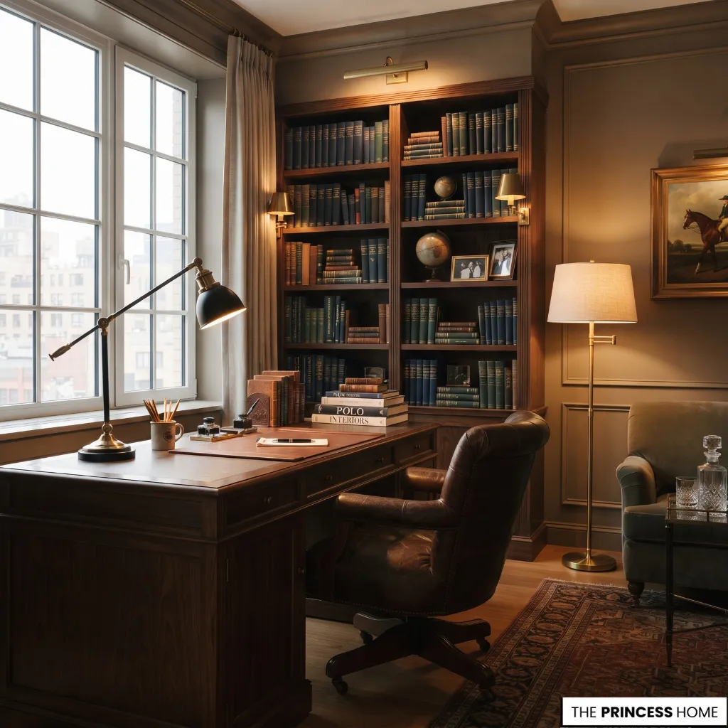 Ralph Lauren study with layered table, floor, and wall lighting