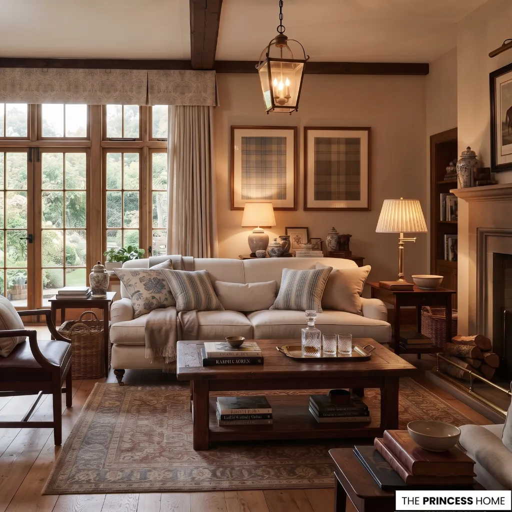 Ralph Lauren style living room combining natural daylight with warm localized evening lighting.